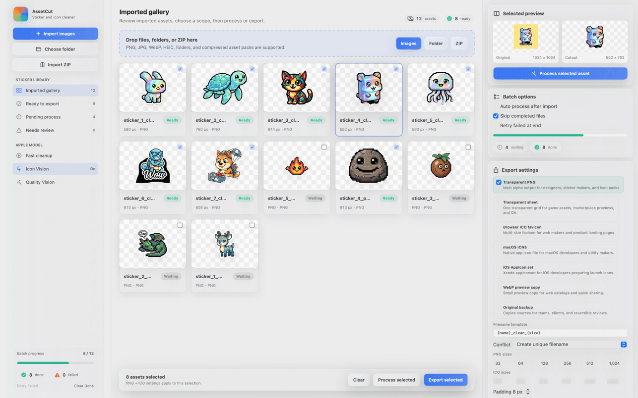 AssetCut local sticker cutout workflow showcase